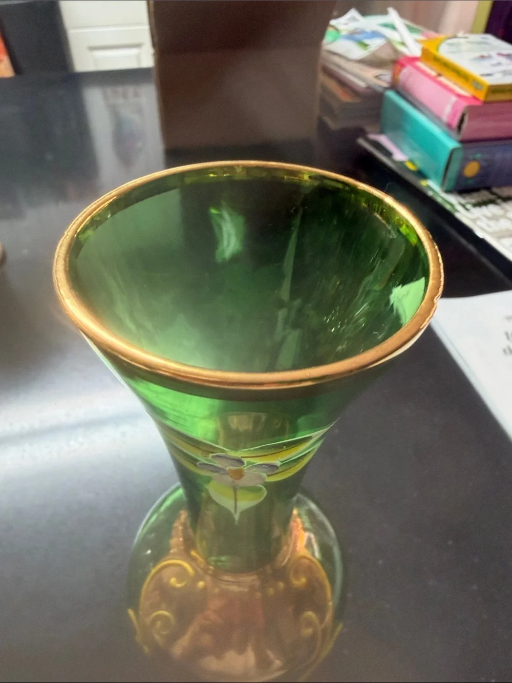 Green Hand-Painted Glass Vase with Gold Accents